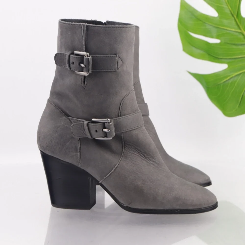 Michael Kors Womens Ashton Boots Size 7.5 Gray Leather Block Heel Bootie Buckles
